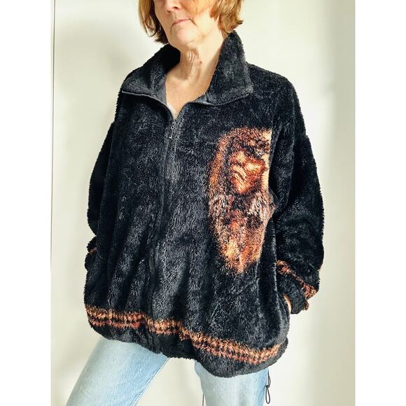 Vintage 90s Fleece Bomber Jacket XL Indian Chief Bear Ridge Unisex Cozy USA - Picture 1 of 11